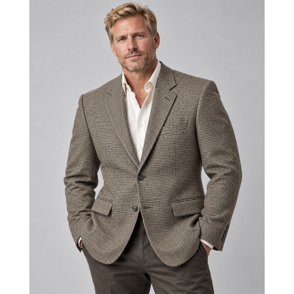 Jos A Bank Travelers Collection 46R Wool Blazer Brown Houndstooth Tailored Fit